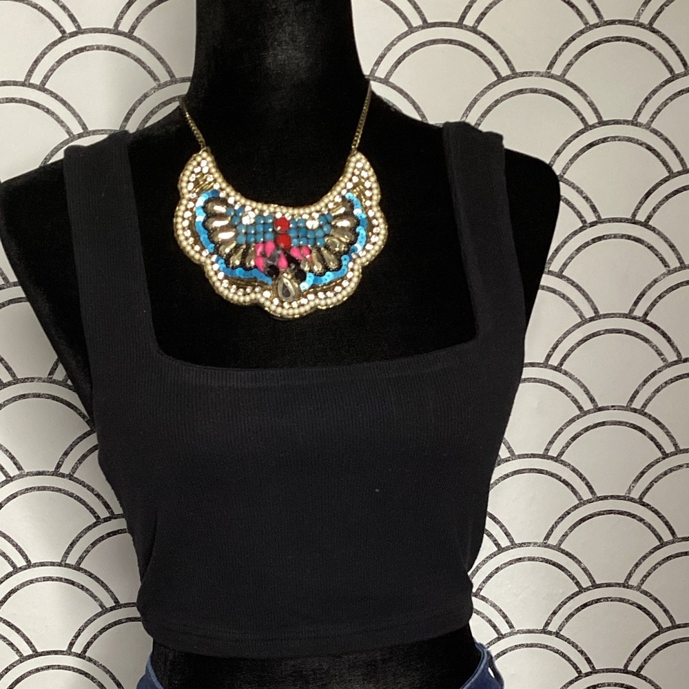 Tobi Black Ribbed Square Neck Crop Top – Size Small | Stretch Knit Essential